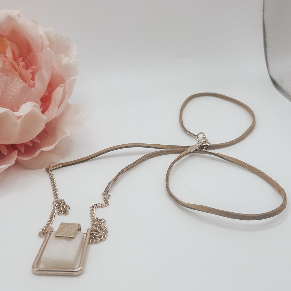 Gold Tan Suede Pendant Necklace Modern Geometric White Stone Minimalist Jewelry